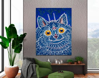 Louis Wain Cat Art Canvas Print, Psychedelic Blue Cat, Ready to Hang
