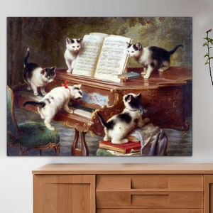 Henriette Ronner, Knip -The Piano Lesson Canvas Gallery Wrapped Canvas Giclee Wall Art, Cat Print Cat Lover Gift Cat Art Fun Ready to Hang.