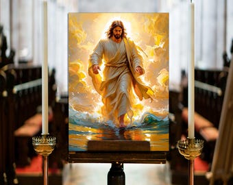 May include: A religious painting depicting a figure in flowing white robes walking on water, surrounded by a golden light. The artwork is displayed on a wooden easel, flanked by two tall, lit candles in a church setting.
