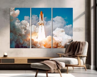 Space Shuttle Launch 3-Panel Canvas Print, Rocket Wall Art