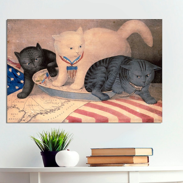 CANVAS Ready to Hang, Civil War Cartoon Question Settled White Cat Labeled Old Abe Kicking Out A Grey Cat Labeled Jeff Davis Civil War Art.