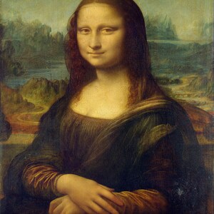 May include: A portrait painting of a woman with long dark hair, wearing a dark green dress with a brown collar. The woman is smiling and has a soft, gentle expression. The background is a landscape with mountains and water.