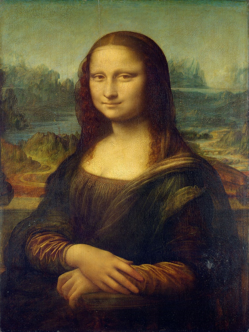 May include: A portrait painting of a woman with long dark hair, wearing a dark green dress with a brown collar. The woman is smiling and has a soft, gentle expression. The background is a landscape with mountains and water.