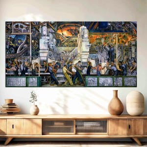 May include: A large, framed mural depicting a factory scene with numerous figures in work attire. The artwork features a complex industrial setting with machinery, fire, and workers. The color palette includes shades of blue, brown, and orange, creating a dynamic and detailed composition.