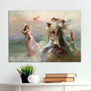 May include: An antique painting depicts several women in flowing gowns amidst clouds. The women are in various poses, with some appearing to float. The color palette includes soft pastels of pink, green, and blue, creating a dreamy, ethereal scene.