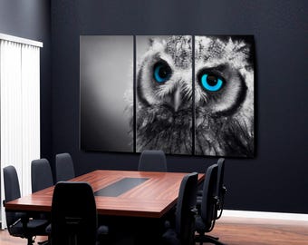 Blue-Eyed Owl, Black and White 3-Panel Canvas Wall Art