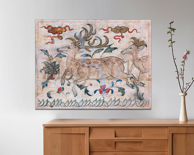May include: A vintage painting depicting three deer in a forest setting. The deer are painted in shades of brown and white, with intricate details on their antlers and bodies. The background features a lush green forest with red and blue flowers.