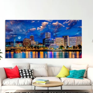 Portland Skyline Wall Art Willamette River, Portland Evening Cityscape, Oregon Art, Sunset Portland Art,   Oregon Print CANVAS Ready to Hang