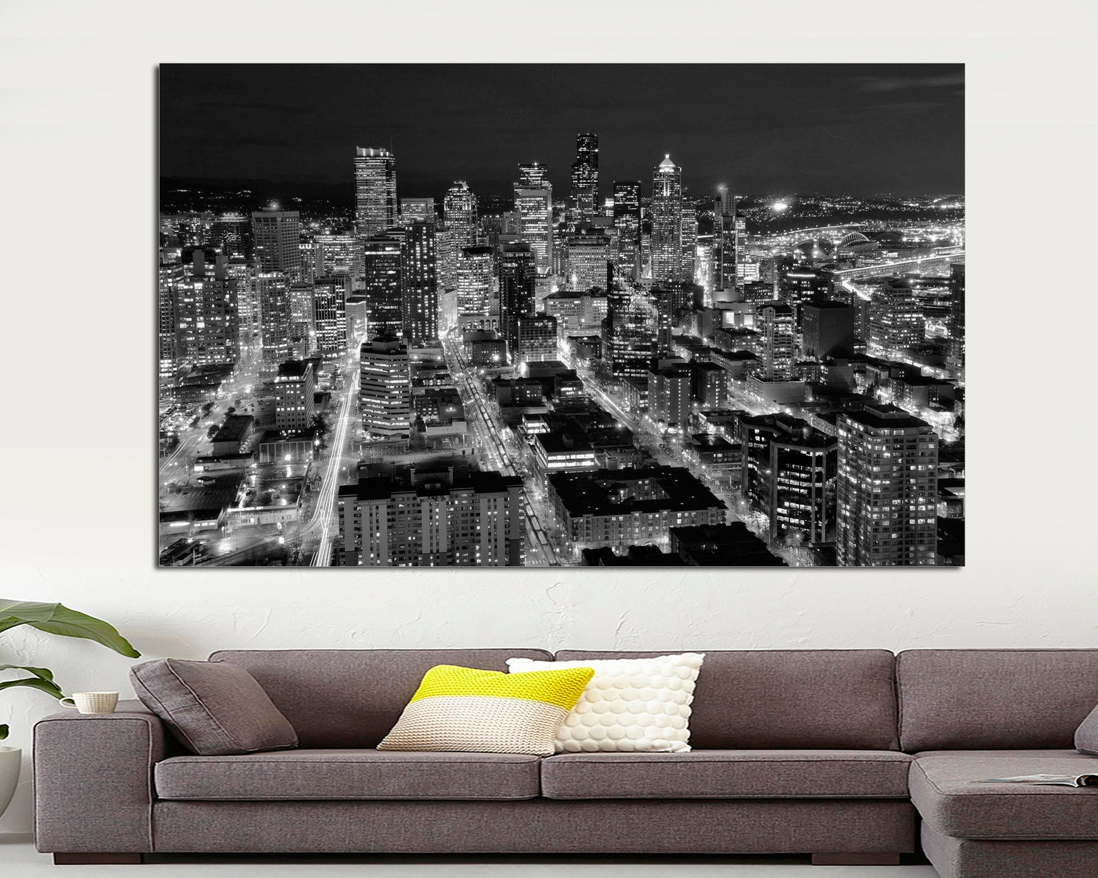 Black and White Canvas Art City Seattle Skyline at Night Wall Etsy