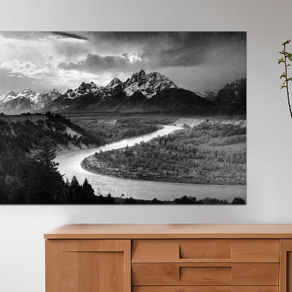 The Tetons, Snake River Canvas Print, Grand Teton National Park, Wyoming Canvas, Black and White Photography Canvas Art Print Ready to Hang.