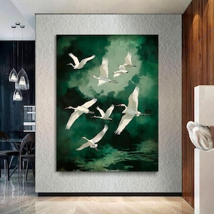 Grúas voladoras estilo Japandi Impresión pájaro verde blanco Arte de pared en lienzo, elegante galería Arte de pared estilo japonés vintage LIENZO listo para colgar
