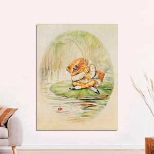 May include: A watercolor illustration of a frog wearing a hat and holding a fishing rod. The frog is sitting on a lily pad in a pond. The frog is looking at a red bobber in the water.