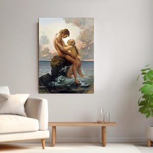 May include: A painting of a couple embracing on a rocky outcropping in the ocean. The man is holding the woman close, and they are both looking at each other. The water is crashing against the rocks, and the sky is a soft blue.