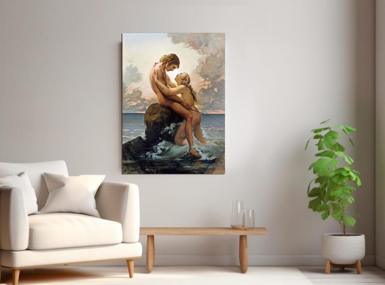 May include: A painting of a couple embracing on a rocky outcropping in the ocean. The man is holding the woman close, and they are both looking at each other. The water is crashing against the rocks, and the sky is a soft blue.