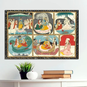Gods Devotee - Indian Painting, Todi Ragini, Indian Krishna, Lakshmi on Serpent Shesha, Shiva and Parvati with Nandi, CANVAS READY to HANG.
