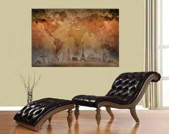 Vintage World Map Canvas Print, Landmarks Wall Art, Home Decor