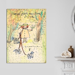 K&ouml;nnte beinhalten: Eine Aquarellillustration einer Frau in einem gr&uuml;nen Mantel und einem Strohhut, die drei Hunde ausf&uuml;hrt. Die Frau h&auml;lt einen Blumenstrau&szlig;. Der Text "Merci pour un bon diner" steht oben im Bild.