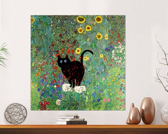 Klimt Garden Cat Canvas Print, Floral Black Cat Art