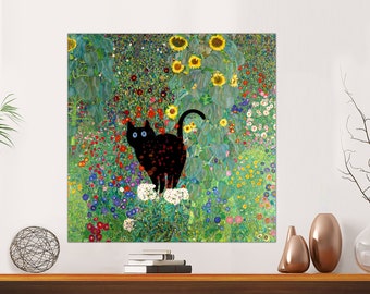 Gustav Klimt Garden Cat Print, Klimt Flowers Cat Poster, Black Cat Art, Floral Print, Funny Cat print,Funny gift,Canvas Poster Ready to Hang