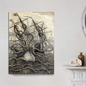Impresión de arte de pulpo antiguo, arte de pared de baño de monstruo marino Kraken, arte de pared de pulpo, monstruo marino legendario, arte de marinero, LIENZO listo para colgar.