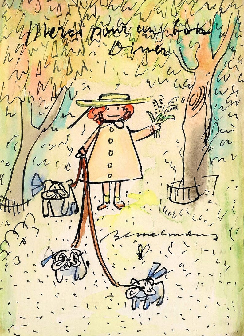 K&ouml;nnte beinhalten: Eine Aquarell-Illustration eines M&auml;dchens in einem gelben Kleid und einem Strohhut, das drei Hunde an der Leine spazieren f&uuml;hrt. Das M&auml;dchen h&auml;lt einen Blumenstrau&szlig;. Der Hintergrund ist ein Aquarell in Gr&uuml;n- und Blaut&ouml;nen.