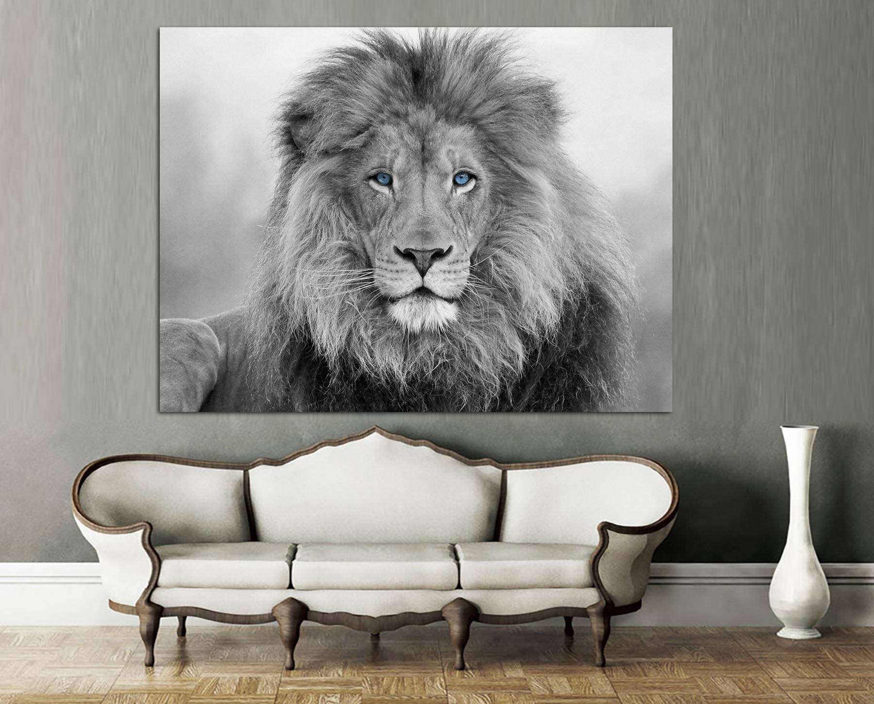 African Lion black and white blue eyes lion print Canvas Print