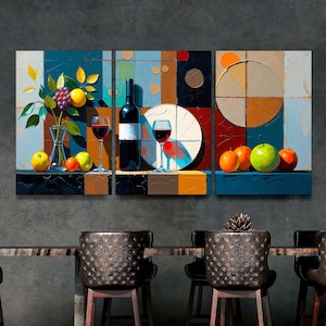 Wine Glass Wall Art 3-Panel Canvas for Kitchen & Dining Room, Abstract Still Life Painting, Living Room Decor, Restaurant Art Ready to Hang