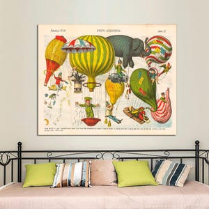 Vintage Hot Air Balloon Print, Antique Italian Political Cartoon, Victorian Wall Art, Nursery Art, Hot Air Balloons Art CANVAS Ready to Hang