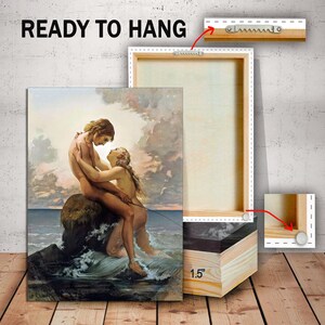 May include: A canvas print of a painting depicting a couple embracing on a rocky outcropping in the ocean. The painting is framed with a 1.5 inch wooden frame and is ready to hang.