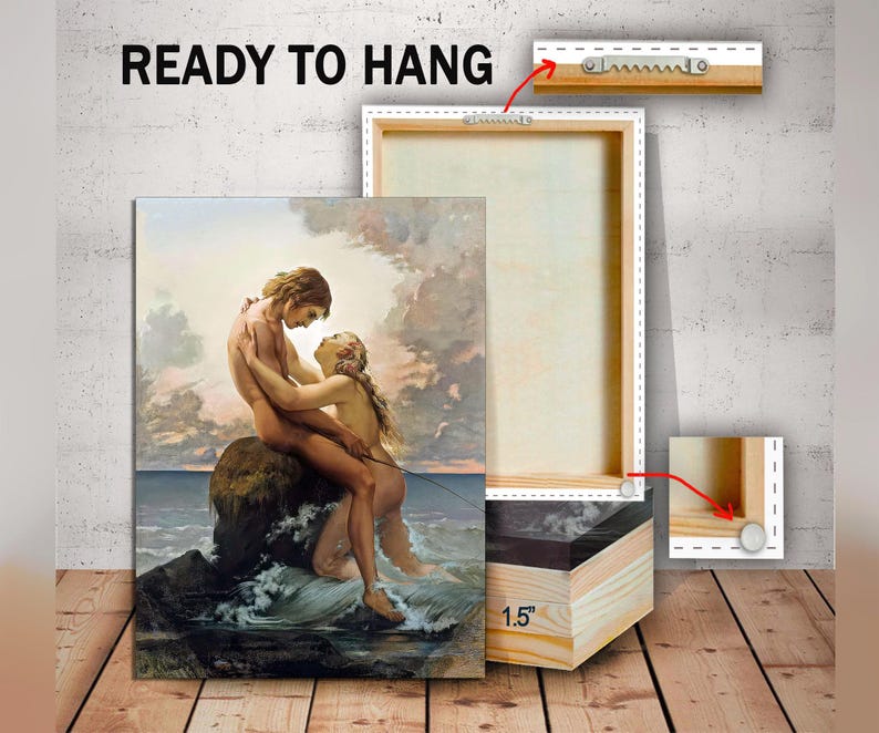 May include: A canvas print of a painting depicting a couple embracing on a rocky outcropping in the ocean. The painting is framed with a 1.5 inch wooden frame and is ready to hang.