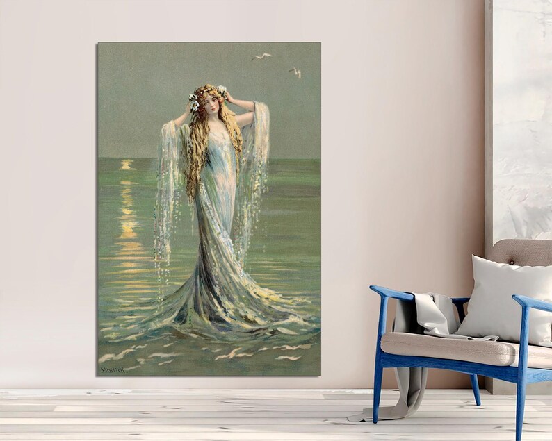 May include: A woman with long flowing hair and a white dress stands in the ocean. The water is a light blue and green color. The woman is surrounded by a halo of light.