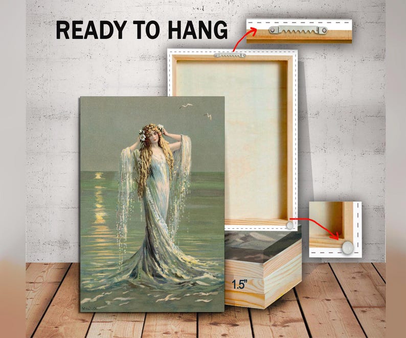 May include: A vintage-style canvas print of a woman with long flowing hair, wearing a flowing white dress, standing in the ocean. The print is ready to hang and has a 1.5 inch deep frame.