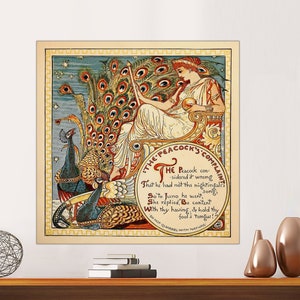 La queja del pavo real, del libro Baby's Own Aesop de Walter Crane, póster en lienzo artístico de Walter Crane, impresión en lienzo de pavo real lista para colgar.