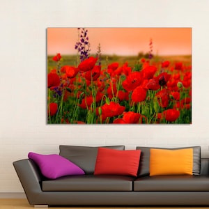 Poppies Canvas Print, Flowers Wall Art, Floral Landscape, Red Flowers, Poppies Field Large Canvas, Poppy Wall Decor on CANVAS Ready to Hang.