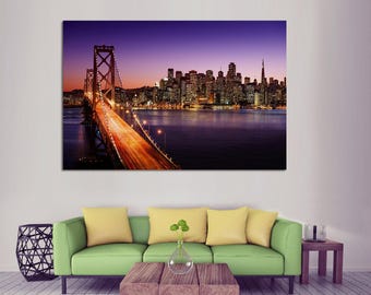 San Francisco skyline and Bay Bridge at sunset canvas print,   Ready to hang, California, wall art, canvas print, home or office decor art.
