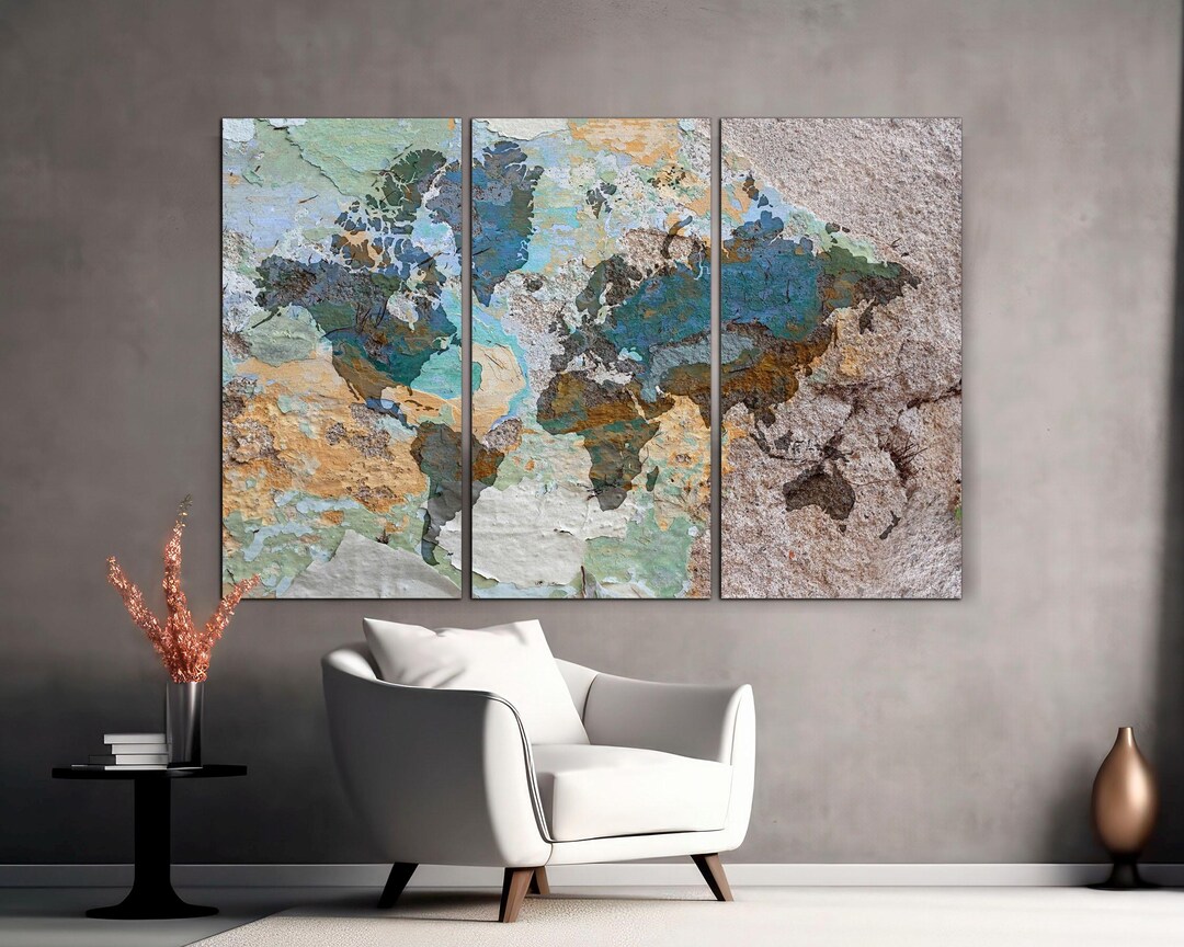 3-panel Split Abstract World Map Canvas Art World Map Poster Print ...