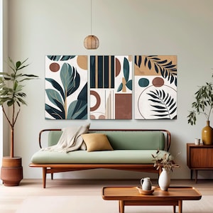 Large Floral Canvas Wall Art Prints Set of 3 Tropical Leaves Abstract Shapes Illustrations Mid Century Modern Art Boho Decor Ready to Hang.