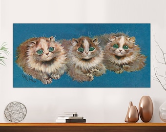 Louis Wain Canvas Print, Three Kittens with Big Blue Eyes, Cat Lover Gift