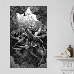 May include: A black and white illustration of a dramatic scene with multiple figures falling from the sky. The figures are surrounded by clouds and appear to be in a state of chaos.