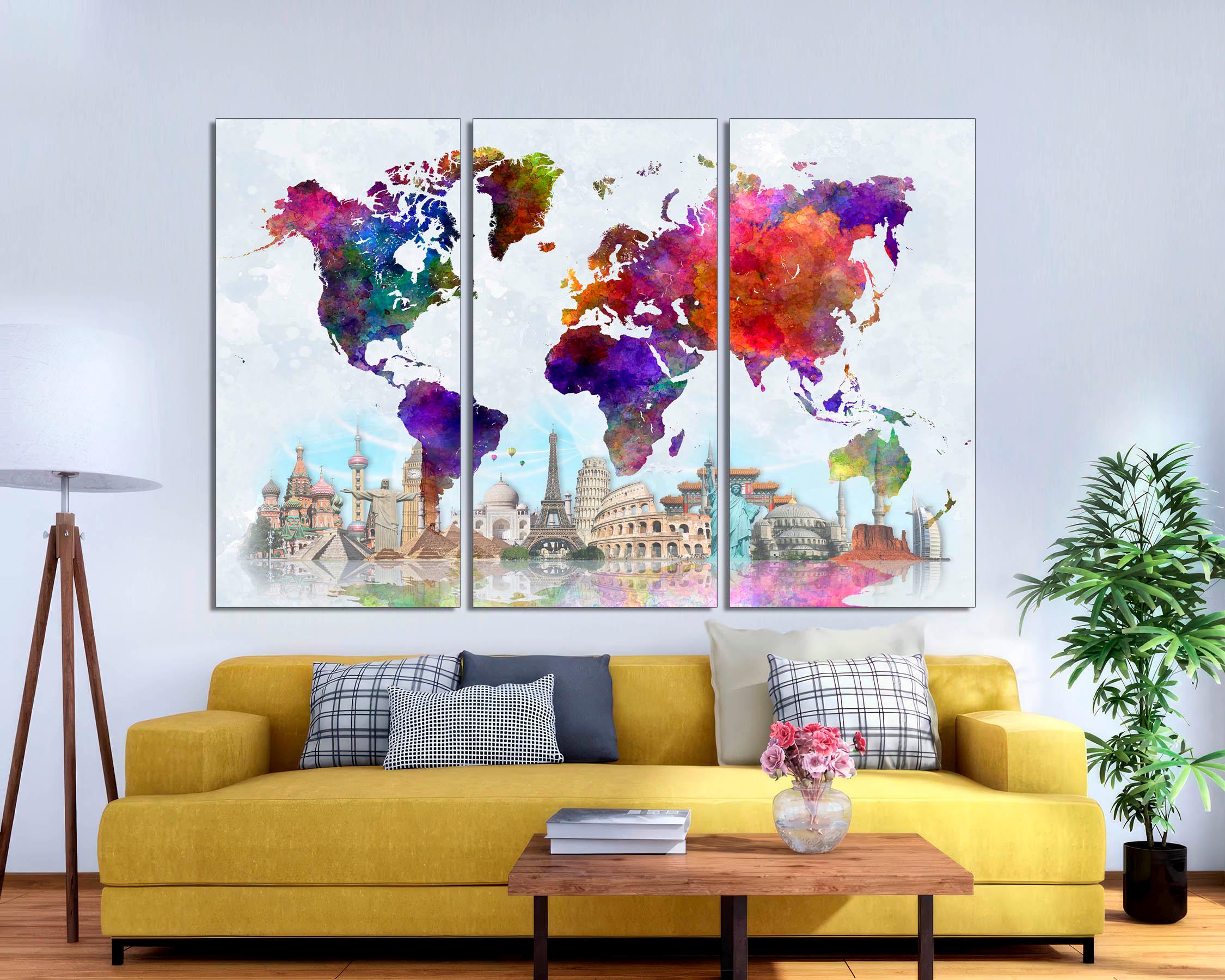 Abstract World Map Canvas Print, 3-panel Travel Wall Art - Etsy