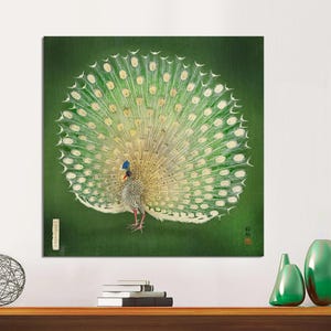Ohara Koson, Peacock art print, Japanese white peacock Art, woodblock art, Emerald green, Elegant, Ethereal, Bird art, CANVAS Ready to Hang.