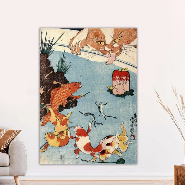 Japanese art prints, Cat and Fish, Koi Pond Utagawa Kuniyoshi Fine Art Print, Japanese cats, antique animal painting, CANVAS Ready to Hang.