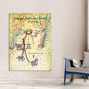 K&ouml;nnte beinhalten: Eine Aquarellillustration einer Frau in einem gelben Mantel, die drei Hunde spazieren f&uuml;hrt. Die Frau h&auml;lt einen Blumenstrau&szlig; und der Text "There's never enough for a good time" ist &uuml;ber ihr geschrieben.