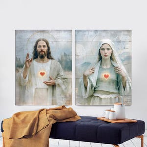 Jesus and Mary Sacred Heart Canvas Prints Set of 2, Catholic Christian Religious Wall Art Immaculate Heart Spiritual Home Gift Ready to Hang
