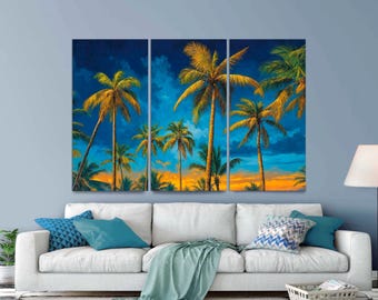 Large Palm Tree Canvas Art, 3-Panel Boho Tropical Print