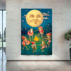 May include: A whimsical illustration of frogs dancing around a campfire under a full moon. The moon has a smiling face and the frogs are wearing colorful hats and clothes. The scene is set against a blue night sky with stars.