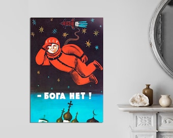 Yuri Gagarin Cosmonaut Canvas Print, USSR Anti Religious Propaganda Art