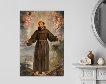 May include: A painting of a man in a brown robe with a rope belt, standing with his arms outstretched. He is surrounded by angels with wings, and the background is a landscape with trees and clouds.