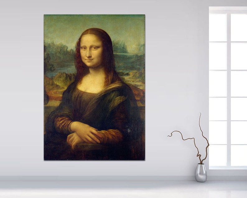 May include: A painting of a woman with a soft smile, wearing a dark dress and a long, flowing brown hair. The background is a landscape with a river and hills.