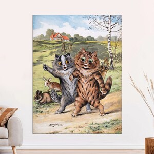 Un partido de golf, Louis Wain, arte de pared con diseño de gato, decoración de amigos, ilustración vintage, pintura en lienzo para habitación infantil, lienzo listo para colgar.
